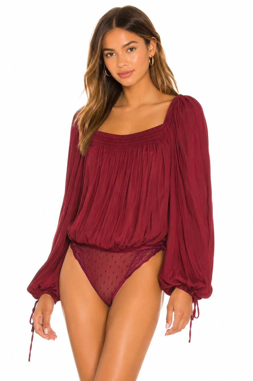 Free People Long Sleeve "Another Round" Blouson Bodysuit Burgundy Size M NWT